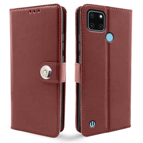 Image of Pikkme Realme C21y Flip Cover Leather Finish | Inside TPU with Card Pockets | Wallet Stand and Shock Proof | Complete Protection Button Flip Case (Brown)
