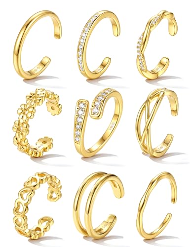 JeweBella 9PCS Bague Orteil Ajustable Ouvert Bagues d'Orteil Doigt Étanche Lot de Bague de Pied Fleur CZ Cœur Fantaisie Anneaux d'Orteil Plaqué Or Argent...