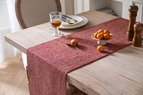 Image of ZeeMart Burlap Style Farmhouse Table Runners 72 Inches Long, Red Rustic Woven Dining Table Runner for Everyday Use, 14x72 Inches, Red