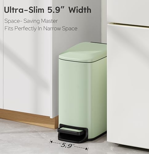 Image of TIPGO Small Bathroom Trash Can with Lid, 1.6 Gal, Soft Close, Green | Foot Pedal, Soft Quiet Lid, 5.9'' Slim for Narrow Space, Stainless Steel, Anti-fingerprint, Removable Inner Bucket, Odor Seal