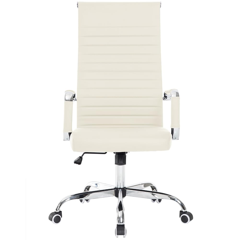 BAKAJI Silla de Oficina de Piel ergonómica con Respaldo Alto y Soporte Lumbar, sillón de Escritorio Giratorio con Altura Ajustable a Gas y Ruedas giratorias a 360°, Base de 64,5 cm cromada (Beige)