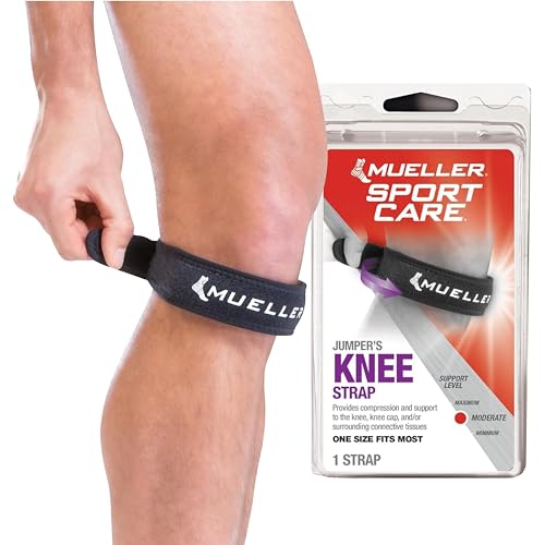 MUELLER Sports Medicine Jumper's Knee Single Strap for Men and Women, Knee Compression and Pain Relief Support, Ideal for Osgood-Schlatter's, Patellar Tendinitis, Black, One Size