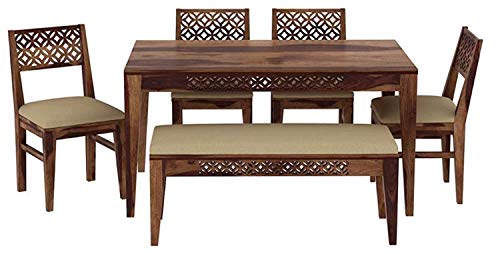 Image of Sheesham Wood 6 Seater Dining Table Set with Bench & 4 Chairs, Solid Wooden Dining Set for Home, Kitchen, Living Room, Brown