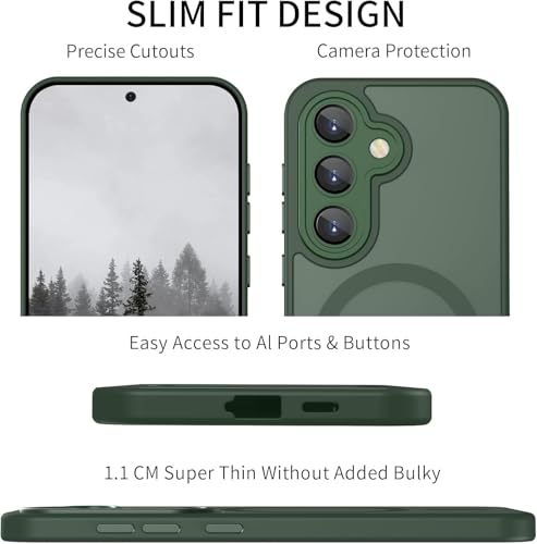 Image of Elzzi Magnetic Magsafe for Samsung S24 Fe 5g Case, Upgraded [Full Camera Protection] [Compatible with Magsafe] [Translucent Matte] Shockproof Protective Phone Case for Men & Women - Green