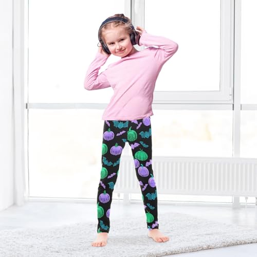 Fluorescent Pumpkin Bat Girls Leggings Ultra Soft Compression Yoga Gym Pants for Kids 4-10T4