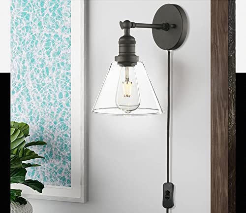 Image of Phansthy Industrial Wall Sconce Light with Switch, Plug in Wall Lamp with 7.1 Inches Cone Glass Lampshade Vanity Light for Bedside Bedroom Living Room (Black, Cone Glass Shade)