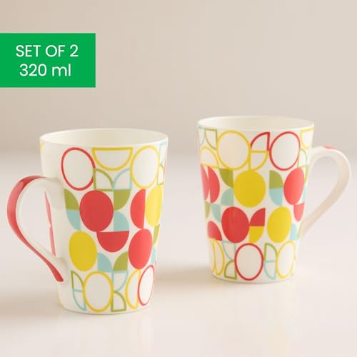 Image of United Colors of Benetton Bone China Coffee Mug Set of 2 - 320ml Each, Printed Tea Cups for Coffee, Milk & Hot Beverages - Microwave & Dishwasher Safe, Ideal Gift Set for Home & Office
