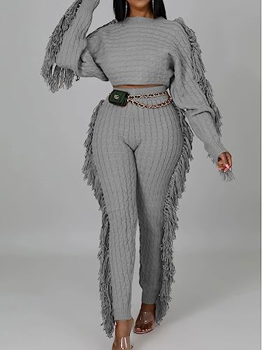 Image of KANSOON Sweater Sets for Women 2 Piece Outfits Knit Tassels Solid Color Long Sleeve Crop Sweaters Long Pants Sweatsuit
