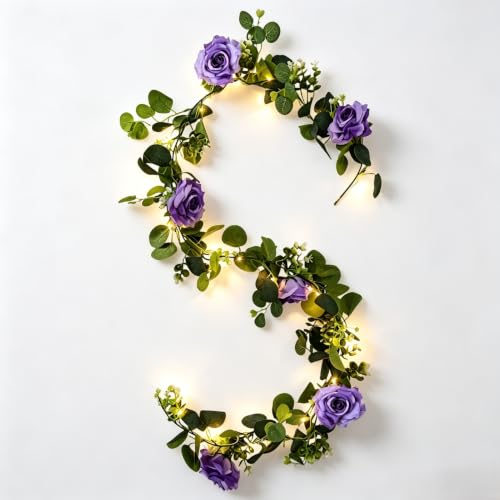 6FT Rose Eucalyptus Garland with LED Lights Artificial Silk Flower Vine for Fireplace Mantel Wedding Party Home Decor (Purple)