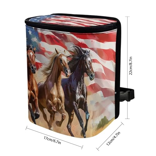 Image of Talayituse Horse American Flag Print Car Trash Bin, Large Size Auto Trash Can Adjustable Portable Garbage Can with Lid, Vehicle Hanging Bag for Headrest Front Back Seat