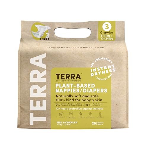 Terra Diapers Size 3: 85% Plant-Based Diapers, Ultra-Soft & Chemical-Free for Sensitive Skin, Superior Absorbency for Day or Nighttime Diapers, Designed for Babies 13-24 Pounds, 20 Count