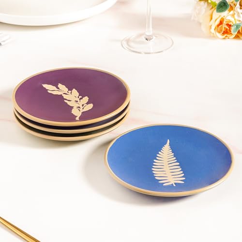 Image of Nestasia Ceramic Round Snack Plate Set of 4 (15cm Each) - Leaf Embossed Small Plates for Serving Snacks & Desserts | Microwave & Dishwasher Safe (Olive Green, Purple, Blue & Sky Blue)