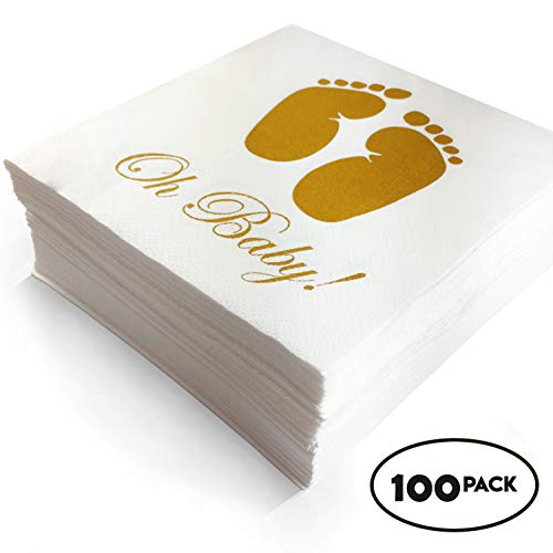 Clearance.. Baby Shower Napkins - Oh Baby Gold Feet Design for Boy and Girl, 100 Pack, 3-Ply, White Paper, Disposable Tableware Decorations Supply for Cocktail Dinner Lunch Birthday - Thumbnail 7