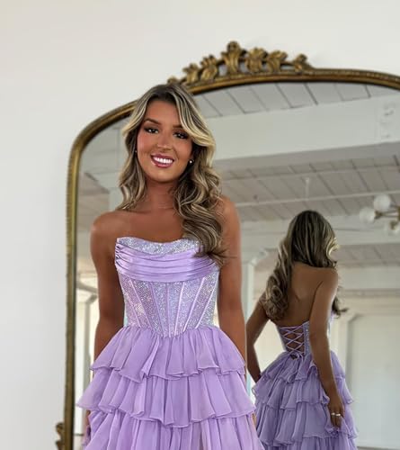 Sparkly Homecoming Dresses for Teens Tiered Chiffon Short Prom Dress Strapless LW2113