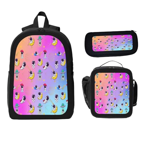 3PCS Backpack for Women Men With Lunch Box Pencil Bag 17 Inch Lightweight Adjustable Strap Back Pack 3 In 1 Set Colorful Fun Astronaut Casual Daypack Unisex Fit Travel Work Camping