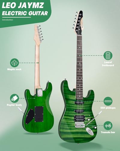 Image of Leo Jaymz 39 inch Full Size ST Style Electric Guitar Starter Kit with SSH Pickup, 5W Portable Amplifier, Tuner, Gig Bag, Strap & Cable - Maple Neck, Poplar Body, Complete Beginner Bundle (Green Flame)