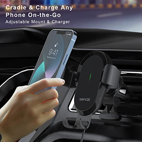 RapidX Dashio CW4 Car Vent Mount & Wireless Charger, up to 15W, Slide & Lock Cradle/Clamp, for All Smartphones (iPhone 14 13 12 11 X, Samsung, & Other Qi-Enabled Androids)