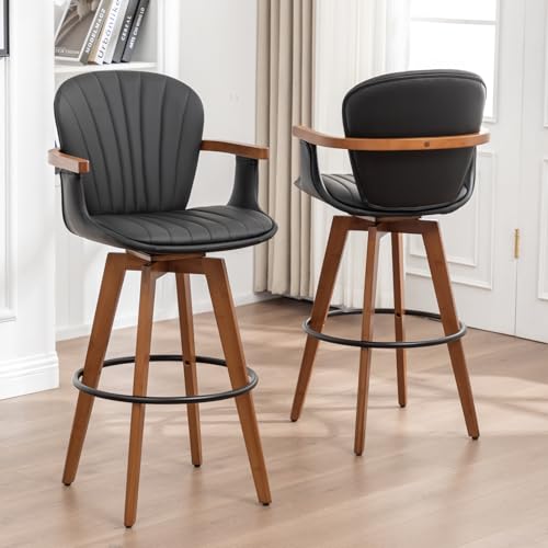 Image of LUNLING 30 inch Bar Height Stools Set of 2,Mid Century Modern Bar Stools,Black PU Leather Kitchen Island Stools,Wood High Barstools Swivel with Back and Arms for Home Bar Furniture