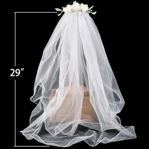 DreamLily 1st Communion Veil White Flowers Pearls Holy First communion Accessories for Girls,31 Inches2