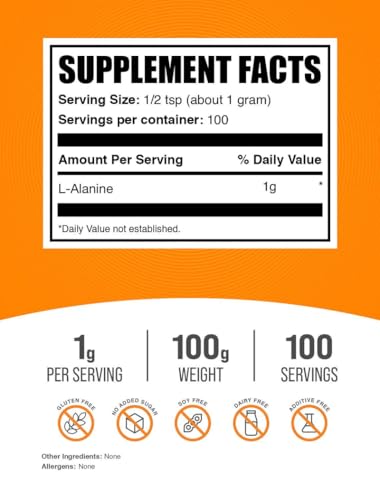Image of BulkSupplements.com L-Alanine Powder - Amino Acid Supplement, Alanine Supplement - Unflavored & Gluten Free, 1g per Serving, 100g (3.5 oz) (Pack of 1)