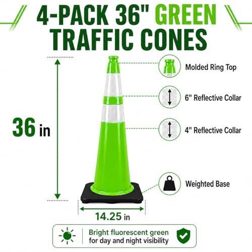 Image of BESEA 4 Pack 36 Inch Traffic Cones with Reflective Collars, Heavy Duty Safety Cones with Stable Black Base, Road Parking Cones for Traffic Control, Parking, Construction & Driving Practice(Green)