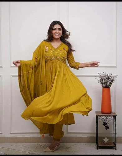Image of KANCHAN TRADERS Women's Cotton Round Neck 3 /4 Sleeve Chikankari Embroidered Printed Kurta Palazzo with Dupatta Set