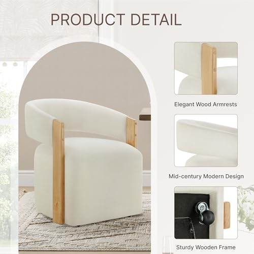 Image of KISLOT Upholstered Dining Chairs with Casters, Modern Barrel Side Armchair with Rollers & Wooden Armrest for Dining Room, Bedroom, Kitchen, Reading Room, Beige, Set of 2