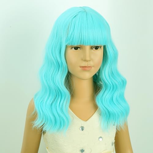 Image of Kids Light Blue Wig Girls Short Blue Wavy Curly Wigs Child Wig with Air Bangs Synthetic Cosplay Hair Wigs