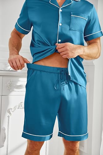 Vssjavun Mens Satin Silk Pajamas Sets Short Sleeve Button-Down Sleepwear Two Piece Loungewear with Pockets