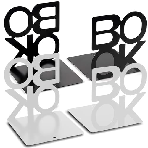 DUBUOZA Sujetalibros 4 Piezas Sujeta Libros Estanteria Blanco y Negro Sujeta Libros Metal para la Escuela, Oficina, Dormitorio Estudio Almacenamiento de Libros