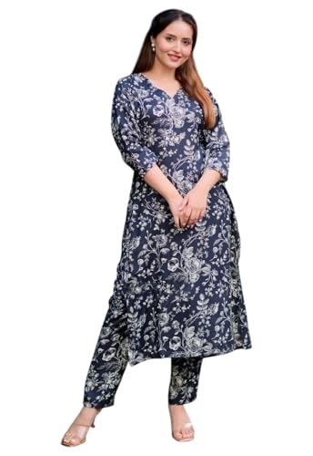 Ensemble kurta bleu marine tenue de mi-saison fluide imprimé floral LookMark