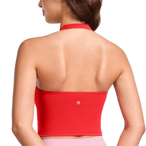 Image of CRZ YOGA Butterluxe Halter Crop Tank Tops | Light Support, Removable Pads, Yoga, Extremely Soft, Open Back, Longline Sports Bras for Women