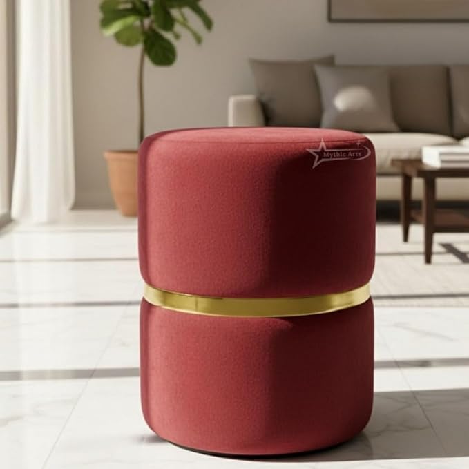 Image of Round Single Strip Upholstered Stool Living Room Foot Rest Linen Fabric Padded Seat Pouf Ottoman Office Stool RED