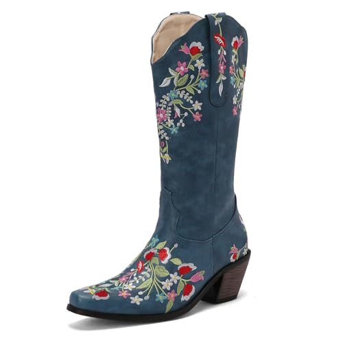 Alsoloveu Womens Embroidered Cowboy Boots Western Cowgirl Snip Toe Boots Chunky Heel Pull On Wedding Dress Mid Calf Boots