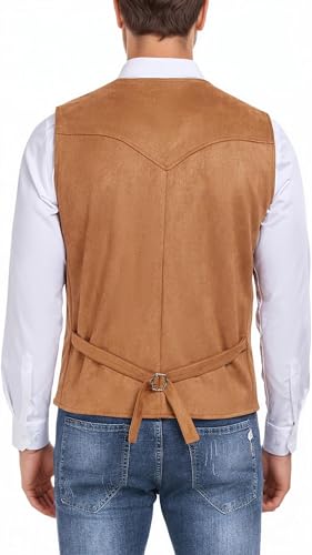 Mens Vests Suede Leathe Western Cowboy Vest Slim Fit Vintage Sleeveless V Neck Casual Waistcoat2