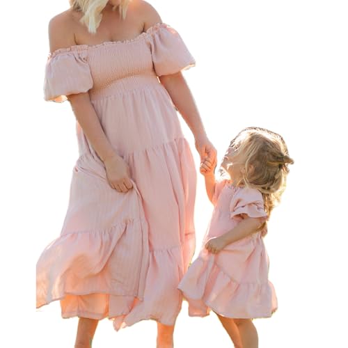 Mother Daughter Matching Dresses Summer Ruffled Hem Short Sleeves A-Line Dress Mom and Me Family Matching Outfits