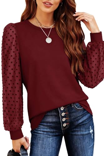 Teesho Damen Langarmshirt Elegant Oberteile Spitze Ärmel Blusen Herbst Shirts Basic Tops Tunika(weinrot/M)