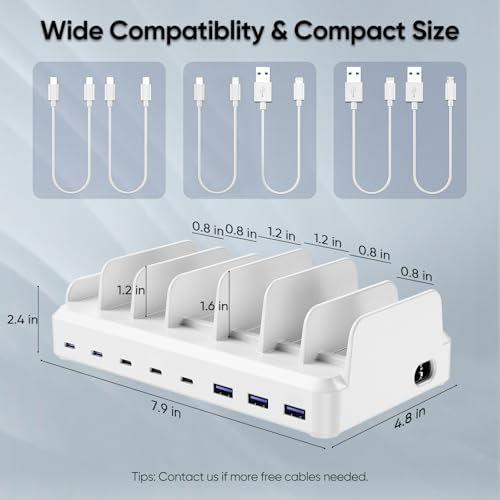 Image of 300W Charging Station for Multiple Devices, 8 Port Multi USB C Fast Charger Station Dock for MacBook iPhone 17 /16 /15 /14 /13 /12 Samsung Pixel Series iPad, White (6 Mixed Short Cables Included)
