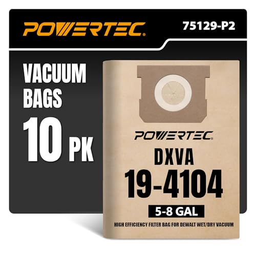 Image of POWERTEC DXVA19-4104 Shop Vac Bags 10PK for Dewalt 5-8 Gallon Wet /Dry Vacuums DXV05P-QT, DXV05S-QT, DXV06P-QT, DXV06PL, DXV08SA, Replacement Shop Vacuum Dust Collection Filter Bags (75129-P2)