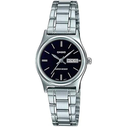 Casio Ladies Classic Quartz Wrist Watch Grey Stainless Steel Band Brass Case Analog Display Black - LTP-V006D-1B2