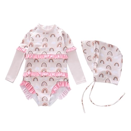 Traje de baño para niñas, Traje de baño con Estampado de Sol, Manga Larga, Estampado Floral, patrón con Volantes, Adecuado para niños pequeños, medianos y Grandes (2 a 12 años). (Beige1, 10-12 Years)