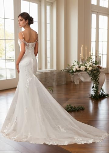 Off Shoulder Tulle Wedding Dresses for Bride 2025 Mermaid Laces Applique V Neck Spaghetti Straps Bridal Gown with Train3