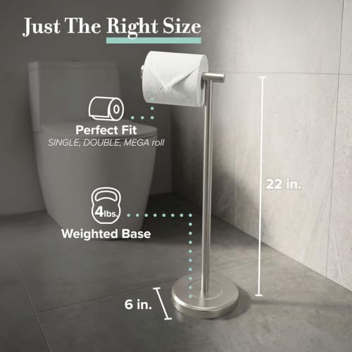 Image of Gatco 1437SN Latitude II Standing Toilet Paper Holder, Freestanding Bathroom Tissue Roll Stand for Floor Placement, Satin Nickel, 22 Inch