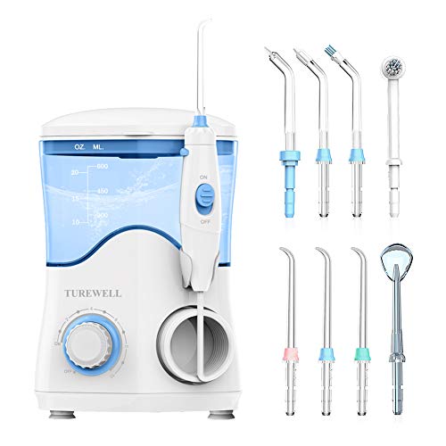 TUREWELL Elektrische monddouche, professionele monddouche met 10 instelbare waterdrukwaarden, 600 ml inhoud en 8 multifunctionele sproeierpunten (wit)