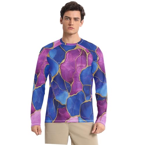 Marble Royal Blue Hot Pink Men's Rash Guard Slim fit Long Sleeve Sun Shirt for Men Long Sleeve Running