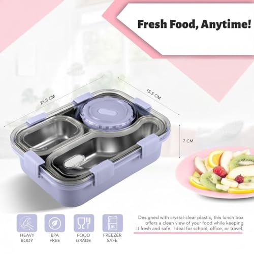 Image of Sanghariyat Lunch Box 3 Compartment Out Side-Leak-Proof BPA Free Stainless Steel, Lunch Box for Girls, Lunch Box for School with a Fork, a Spoon and a Pair of Chopsticks 750 ml (Purple)