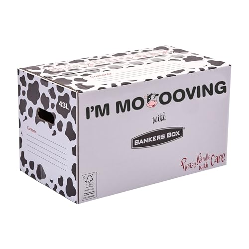5 BANKERS BOX Strong Moving Boxes, 43l Large Cardboard Boxes, Packing Boxes for Moving House with Handles, 51cm × 29cm × 29cm (Pack of 5). Cow Print