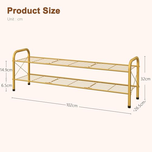 Image of Hoctieon 2 Tier Shoe Rack for Closet, Durable Mesh Style Shoe Rack, Entryway Shoe Shelf, Shoe Storage Organizer for Hallway, Bedroom, Living Room, Wardrobe, Gold