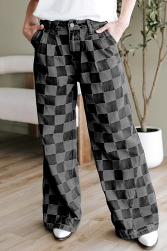 chouyatou Women's Vintage Checkered Barrel Jeans Boyfriend Baggy Jeans Plaid Wide Leg Denim Pants with Pockets3