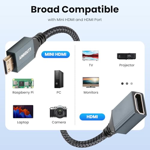 8K Mini HDMI to HDMI Adapter Right Angle Cable, 90 Degree Mini HDMI (Male) to HDMI (Female) L-Shaped Converter Connector, support 8K@60Hz,4K@120Hz, Compatiable for Raspberry Pi Zero, Camera, Monitor